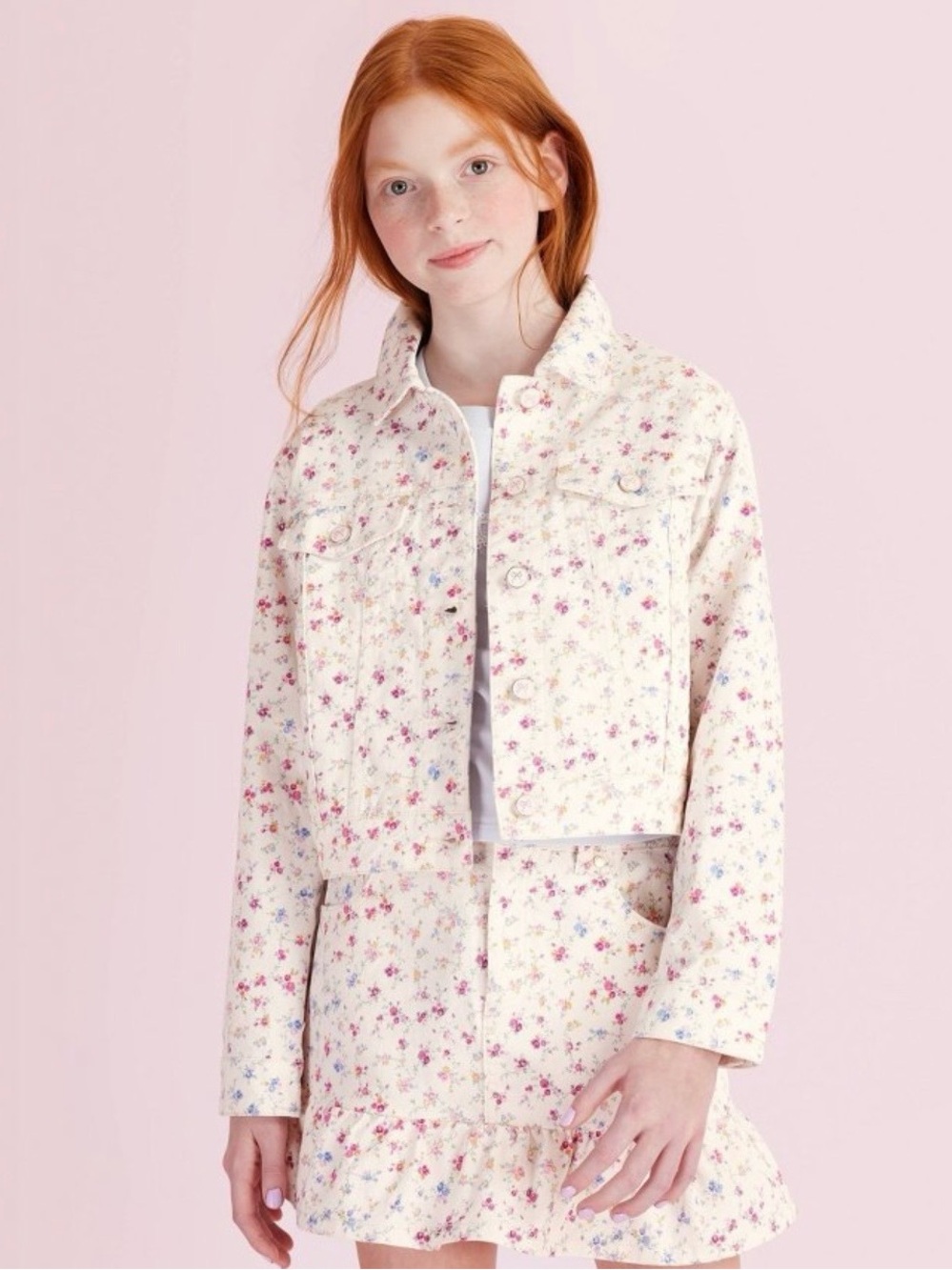 LoveShackFancy Cream Floral Cropped Jean Jacket